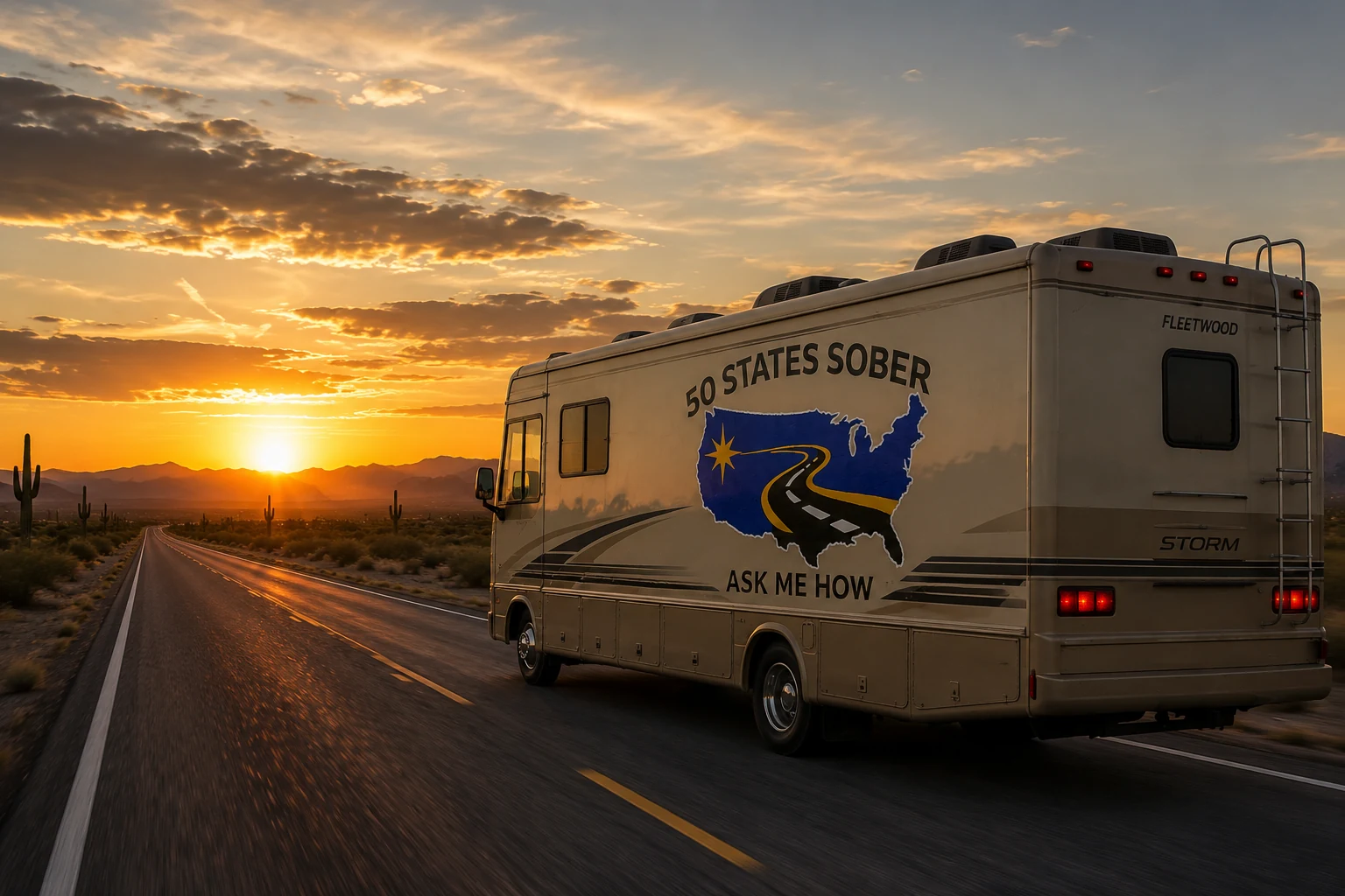 The 50 States Sober RV heading into a desert sunset